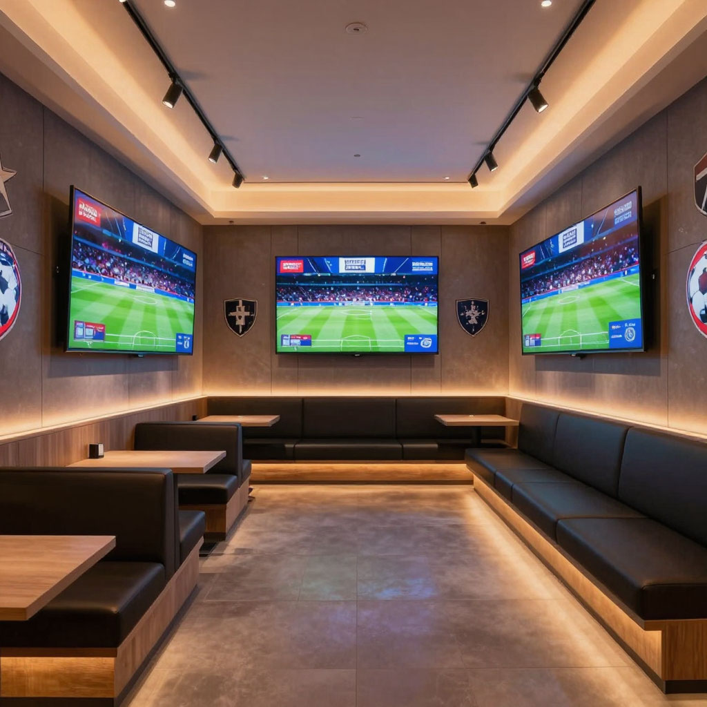 Copenhagen lounge with low lights and wall of screens